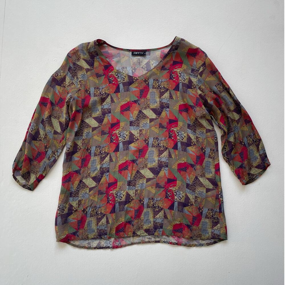 Vtg 90s Colorful Patchwork Printed Boxy Top Sz L / APNY NY / Cottagecore Silky